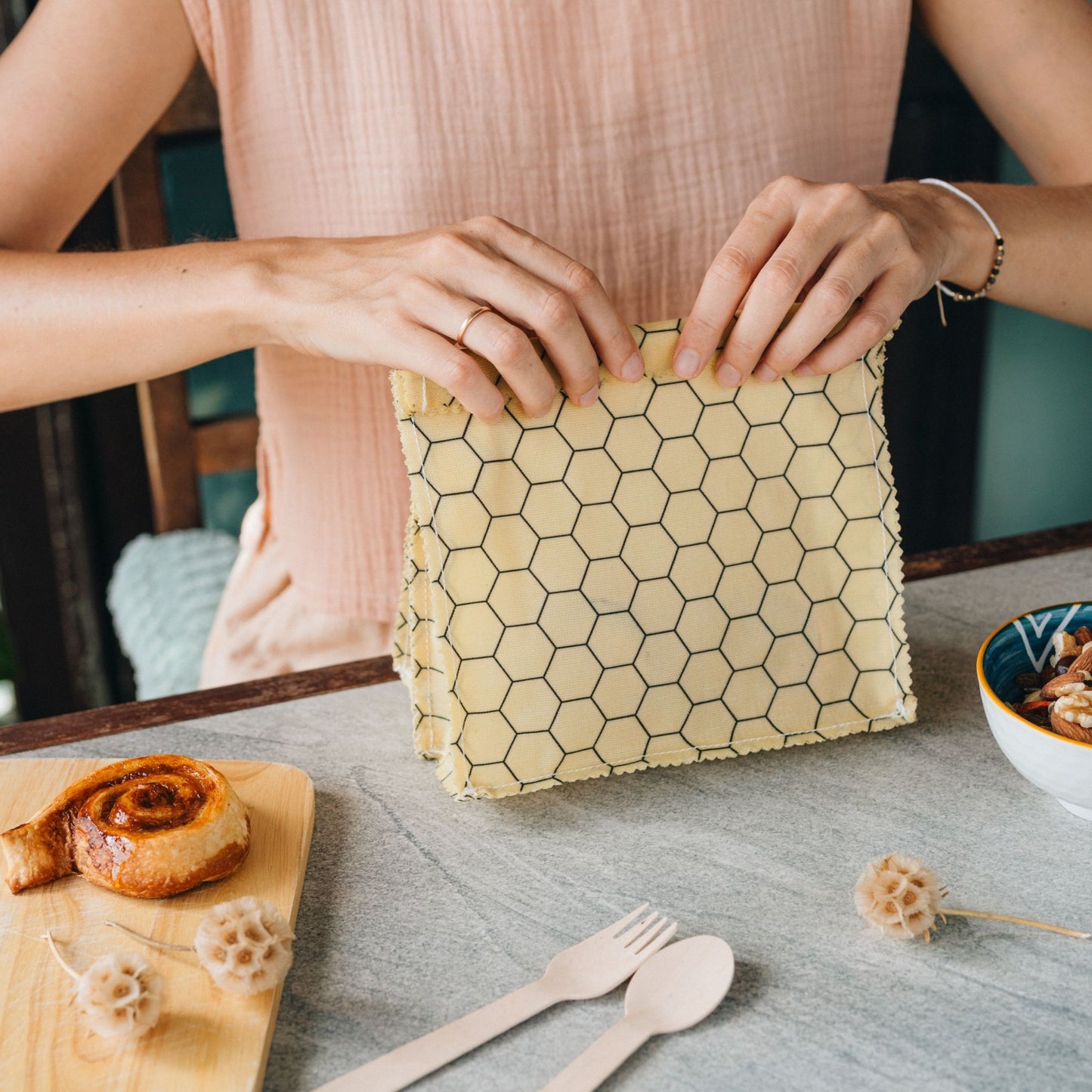 Waxed Lunch Bags with compartments - 2 pockets