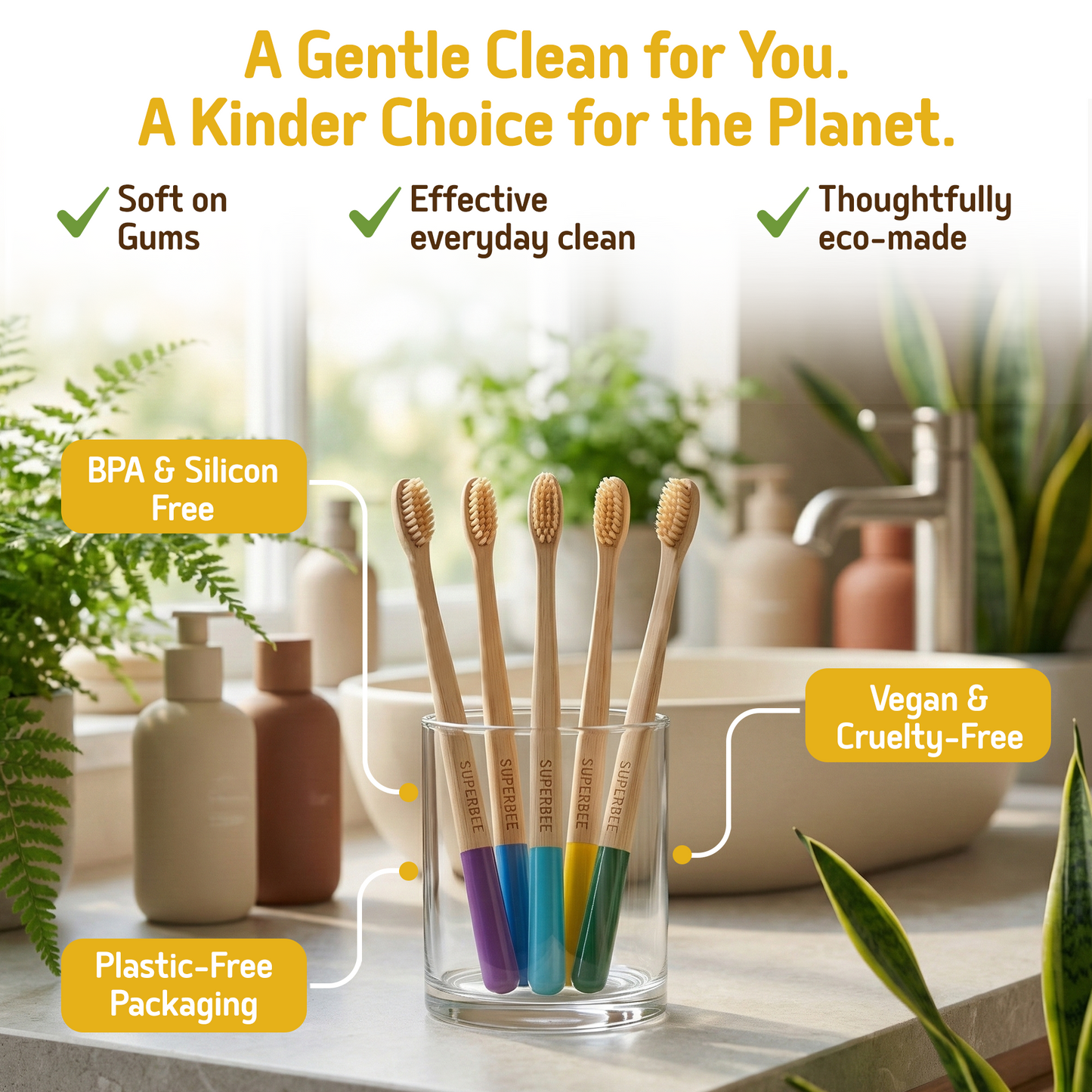 Biodegradable Bamboo Toothbrushes - 5-pack
