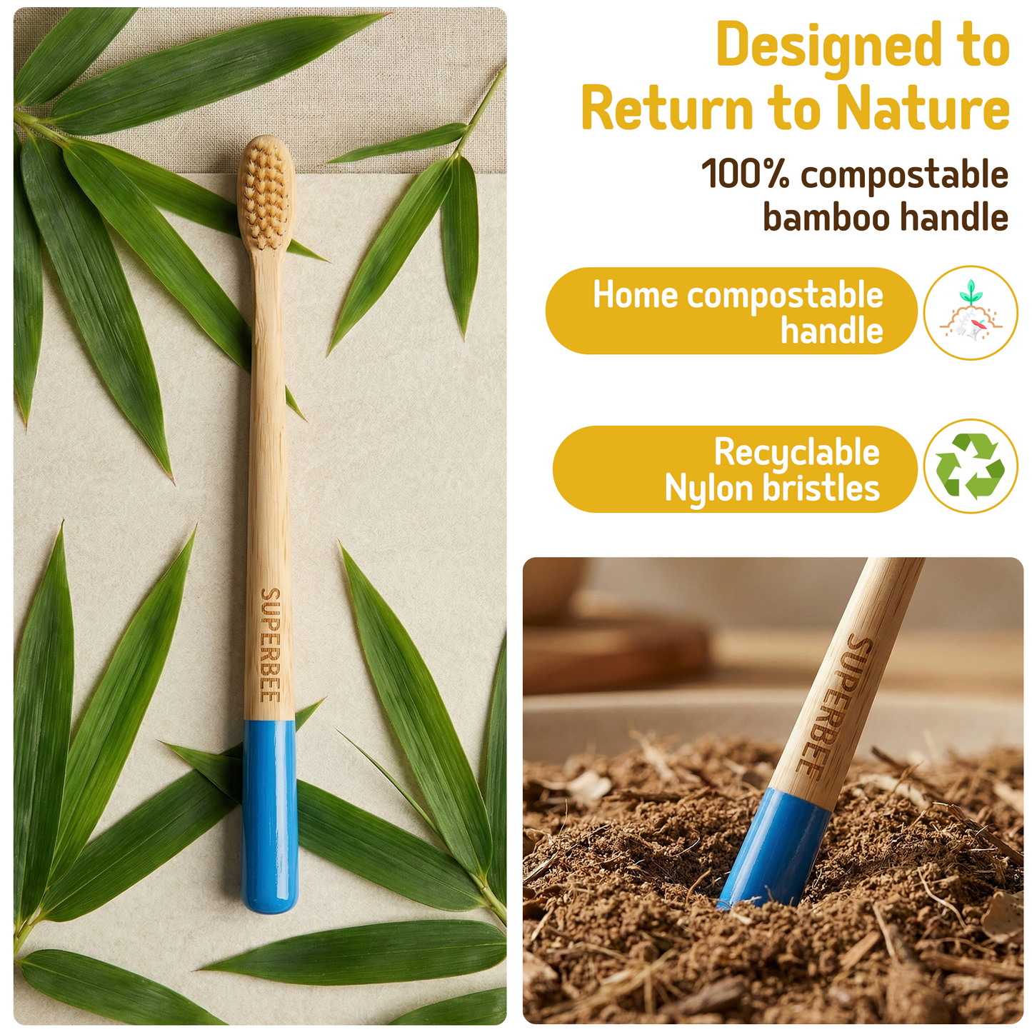 Biodegradable Bamboo Toothbrushes - 5-pack
