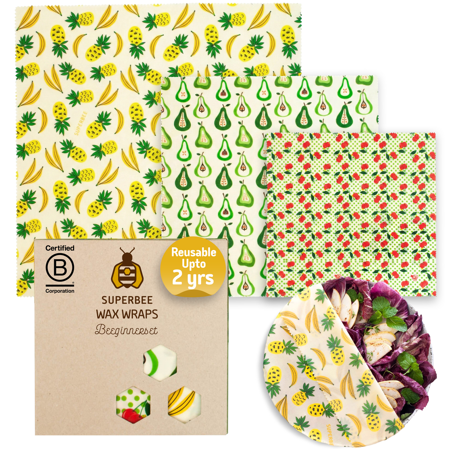 Beeswax Wraps “Beeginner” Set of 3 Sizes - Fruit Punch