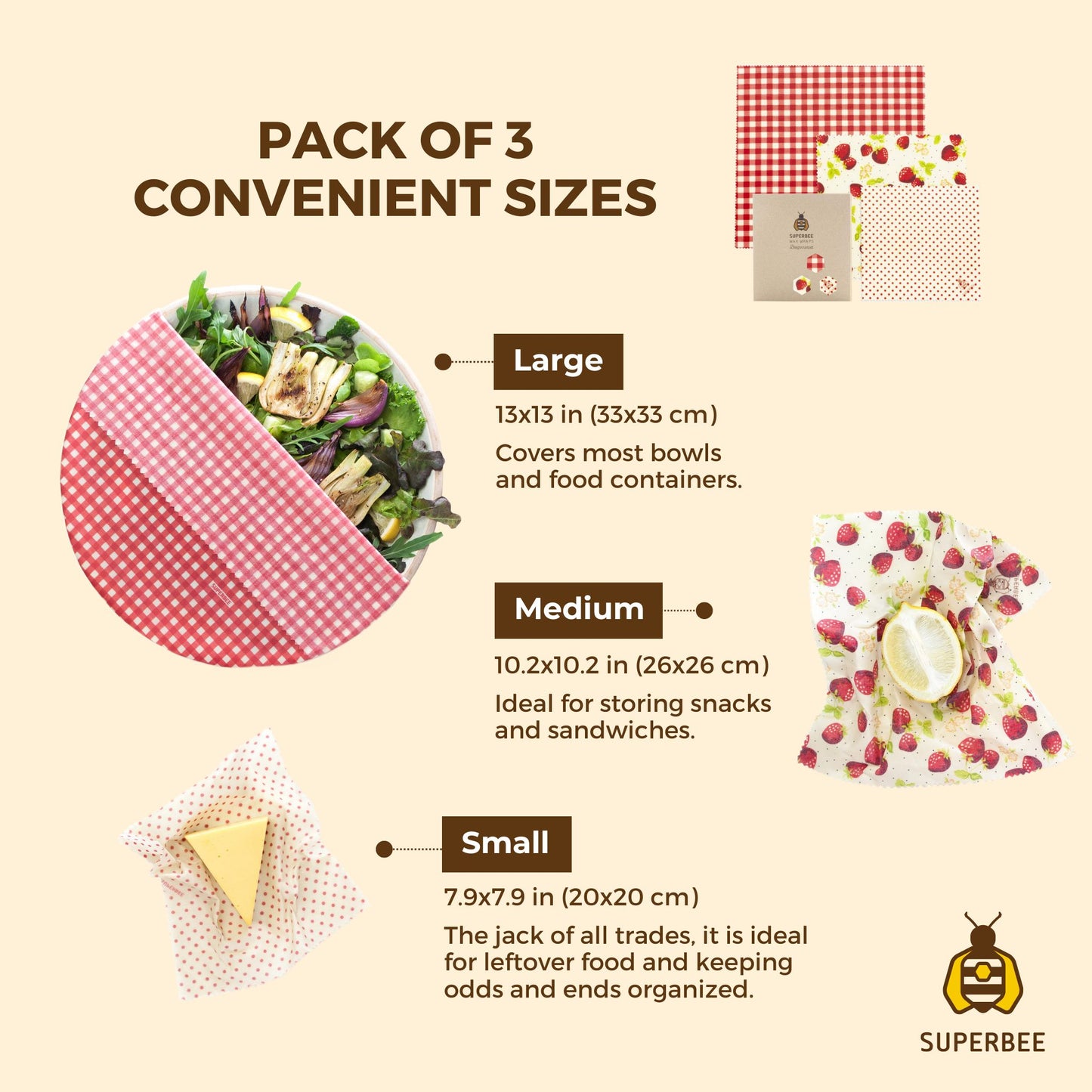 Beeswax Wraps “Beeginner” Set of 3 Sizes - Strawberry & Cream