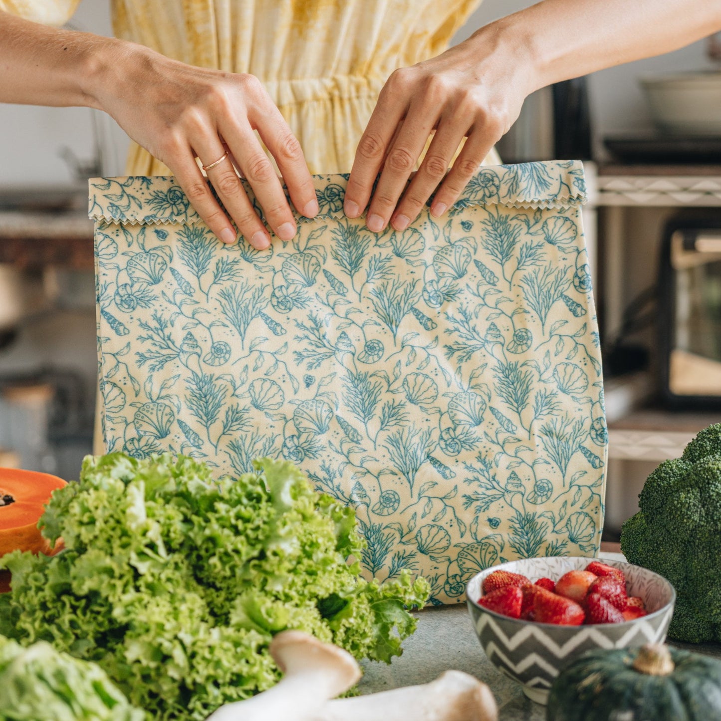 Large Beeswax Bread Bag - Sea Floor 12" x 12" x 4″